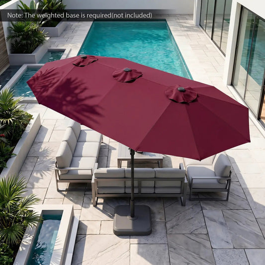 13 ft double-sided patio umbrella with 36 LED lights, burgundy canopy over gray seating by pool on Tampa Home & Garden Store