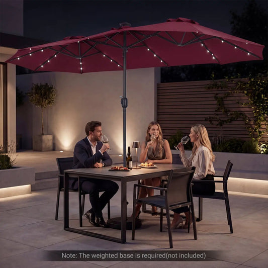 13 ft double-sided patio umbrella DirectDeals with 36 LED lights, red canopy for outdoor dining on Tampa Home & Garden Store