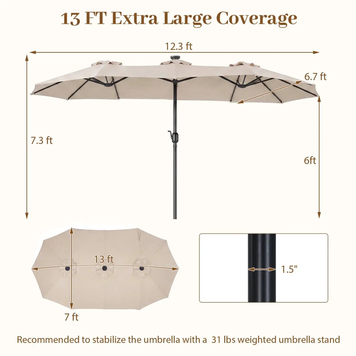 13 Ft Double-Sided Patio Umbrella with 36 LEDs