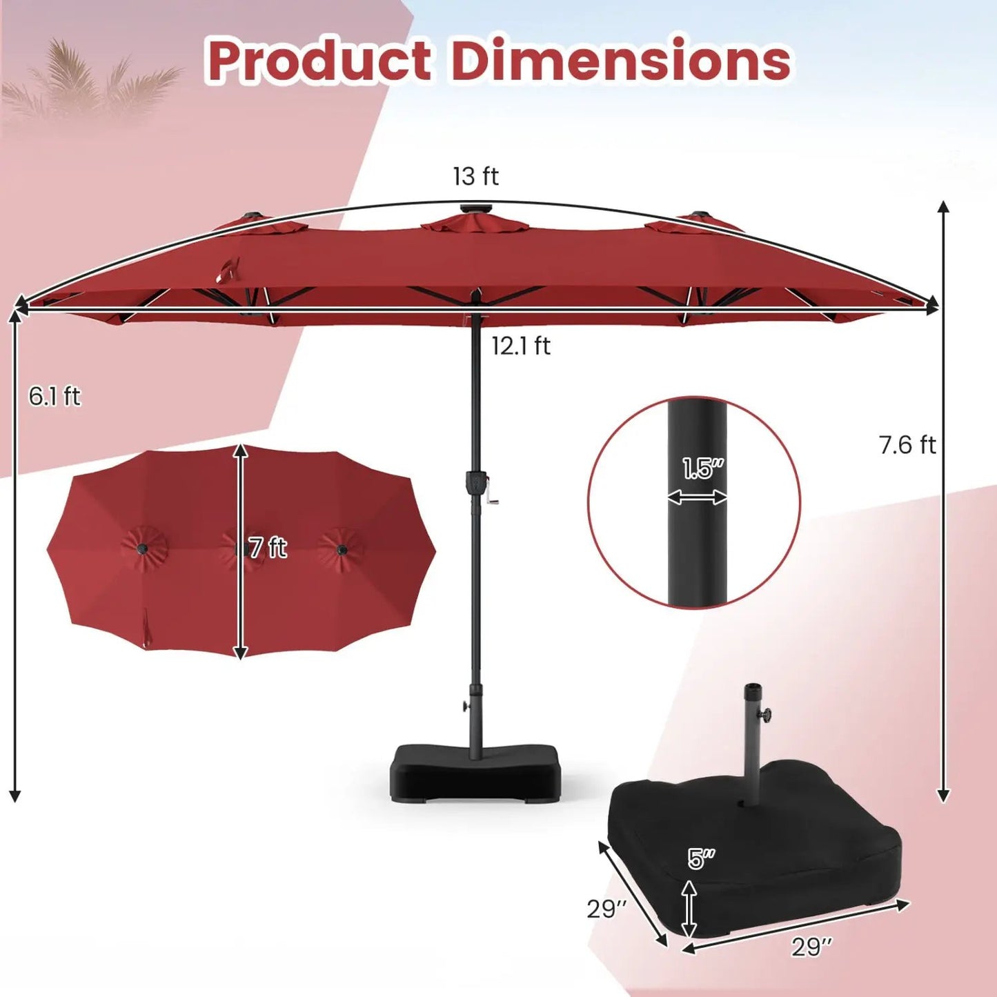13 Ft Double Sided Patio Umbrella with Led Lights