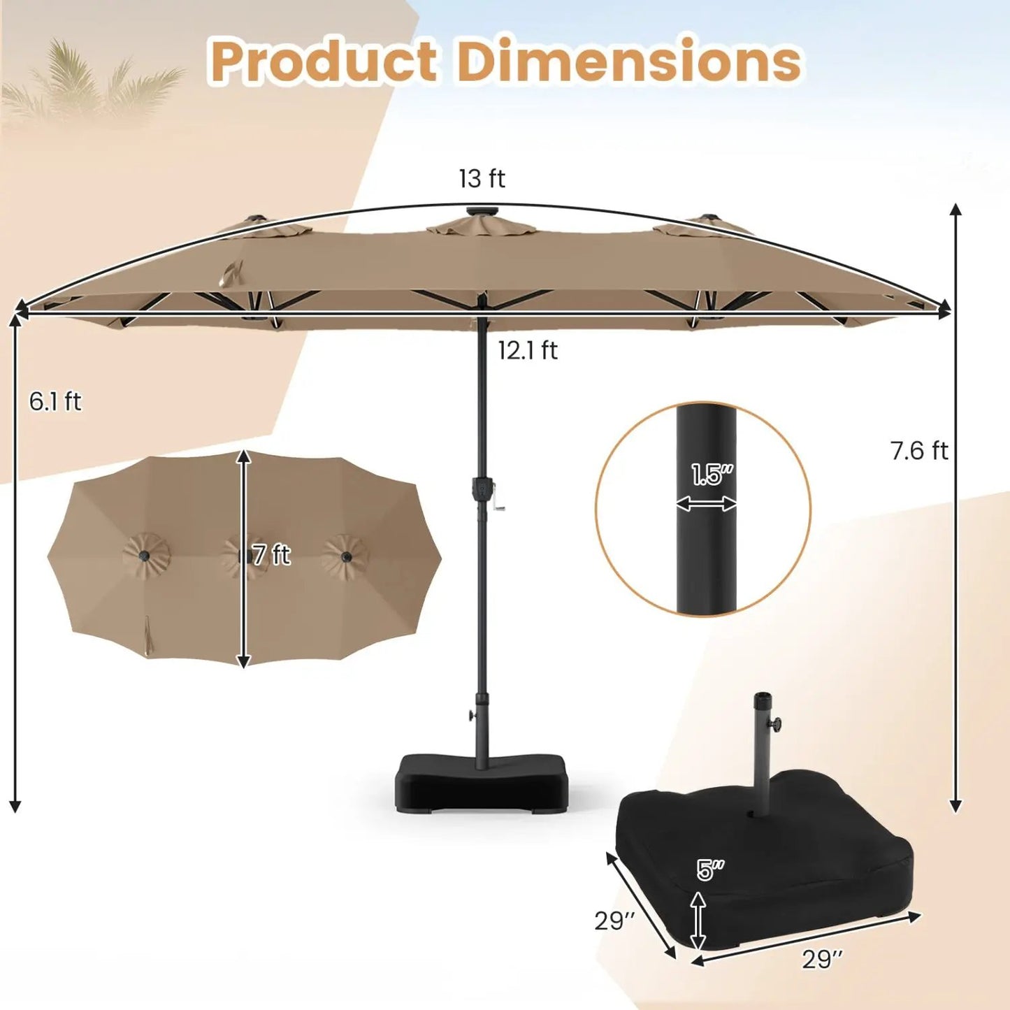 13 Ft Double Sided Patio Umbrella with Led Lights
