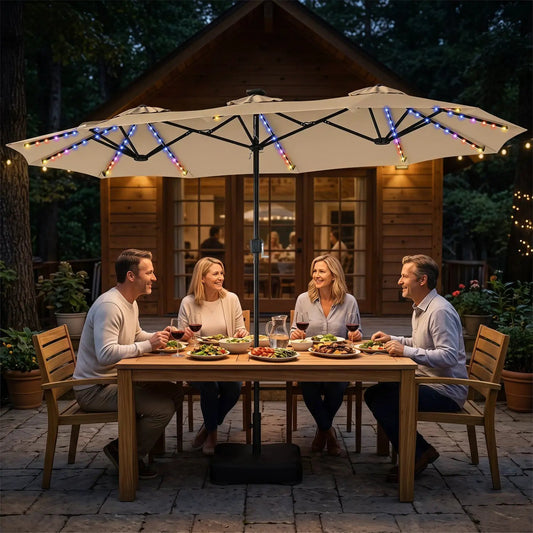 Patio umbrella 13 ft double-sided DirectDeals beige canopy with 108 LED lights and black base on Tampa Home & Garden Store