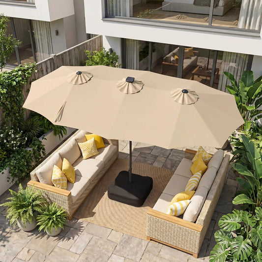 13 ft double-sided patio umbrella DirectDeals with 108 LED and beige canopy over outdoor seating on Tampa Home & Garden Store