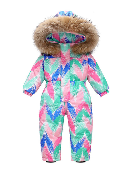 Stevvex kids' puffer jumpsuit with fur hood in pastel pink, mint green and blue chevron on Tampa Home & Garden Store