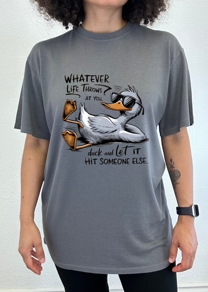 Unisex gray tee featuring a duck in sunglasses and the Whatever Life Throws at You slogan on Tampa Home & Garden Store