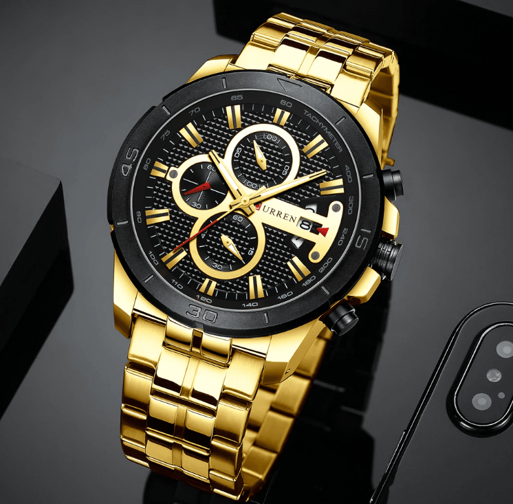 Men's waterproof watch ST1N2150MLK1 by Stevvex with chronograph subdials, gold-tone bracelet on Tampa Home & Garden Store