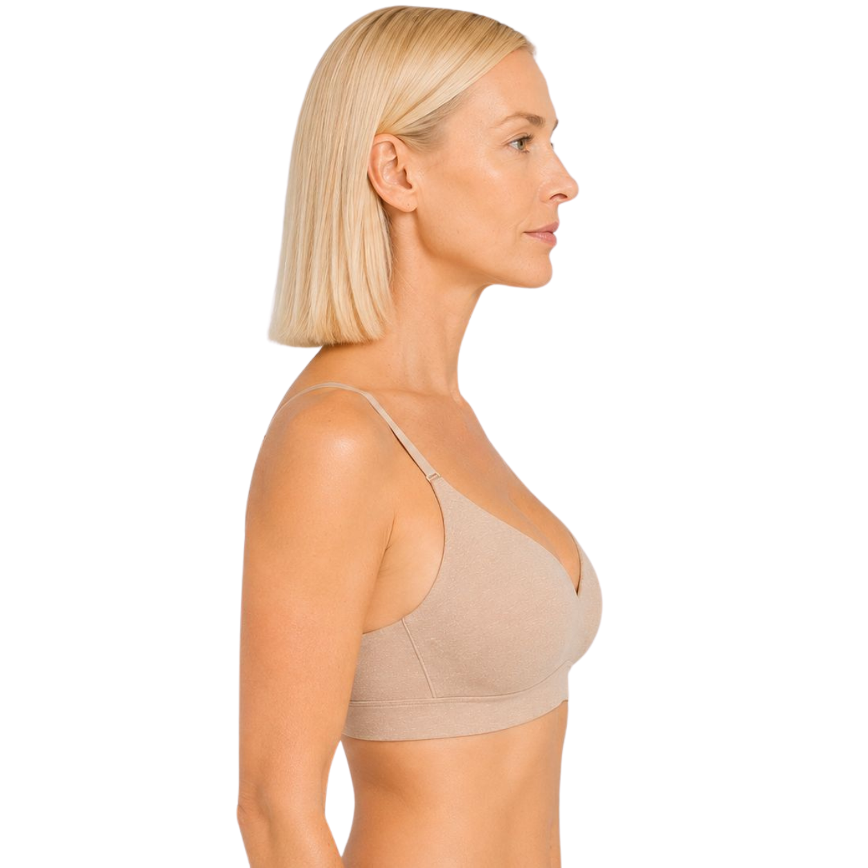 Net Positive seamless hemp bra with removable pads in nude color, side view on Tampa Home & Garden Store
