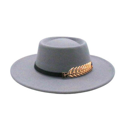 Stevvex grey fedora hat with black band and gold leaf pin on Tampa Home & Garden Store