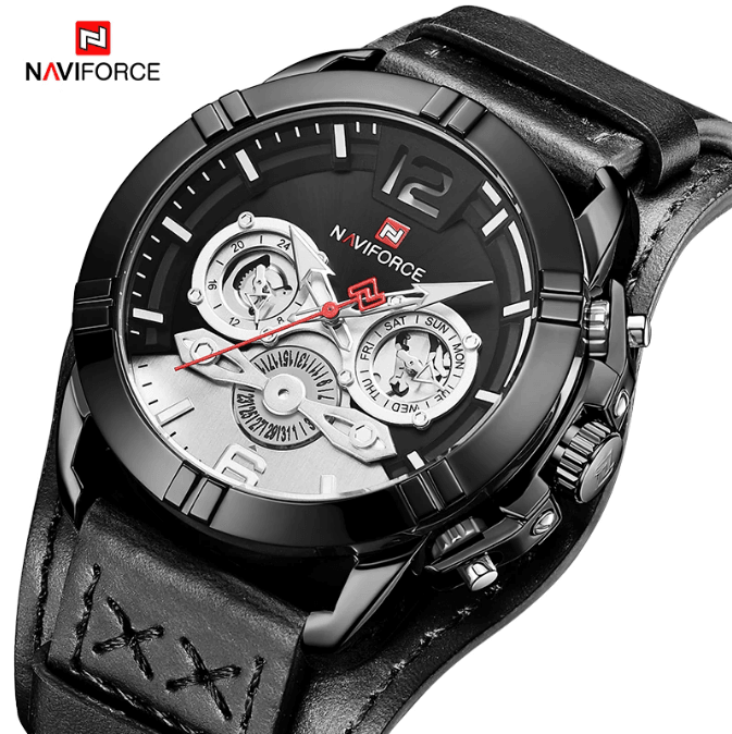 Naviforce men's leather watch with black case, chronograph dials, fluorescent hands on Tampa Home & Garden Store