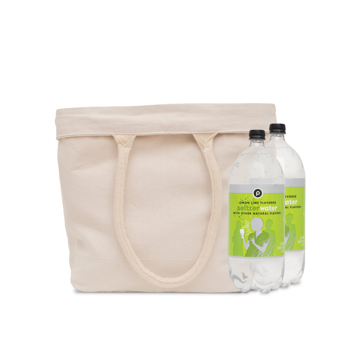 Canvas Grocery Tote with Drawstring by Organic Cotton Mart, natural canvas with 2 water bottles on Tampa Home & Garden Store
