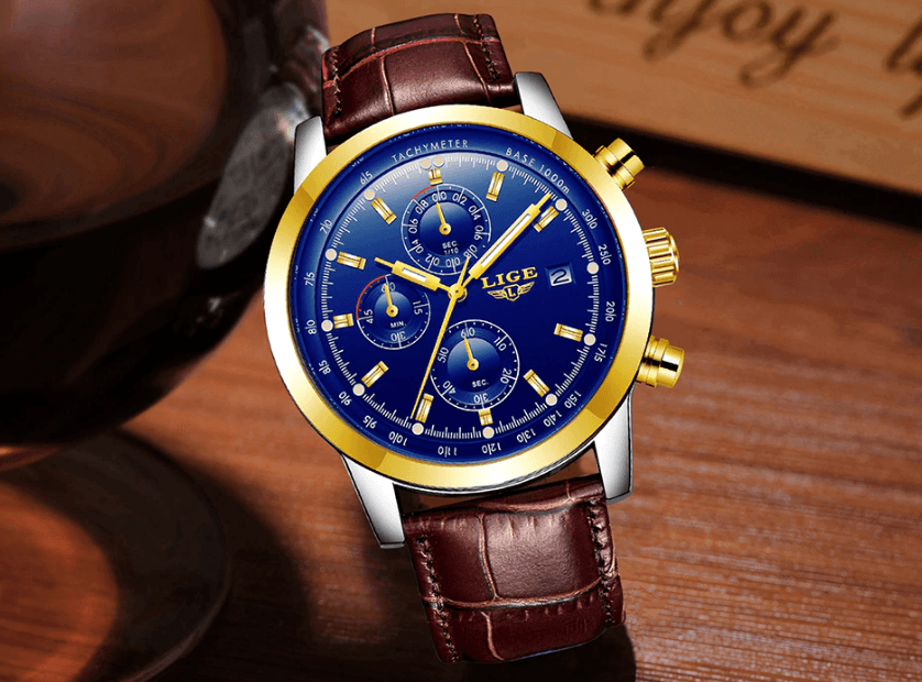 Stevvex ST1LG5450MTK men's waterproof chronograph watch with blue dial and gold bezel on Tampa Home & Garden Store