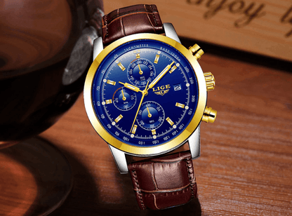 Stevvex ST1LG5450MTK men's waterproof chronograph watch with blue dial and gold bezel on Tampa Home & Garden Store