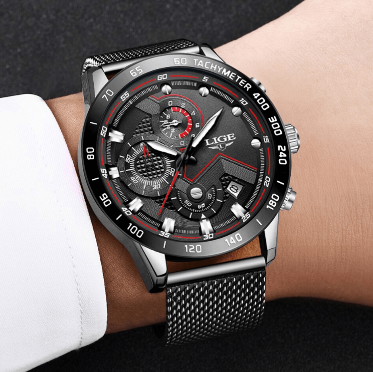 Men's sports waterproof watch with stainless steel mesh bracelet tachymeter Stevvex on Tampa Home & Garden Store