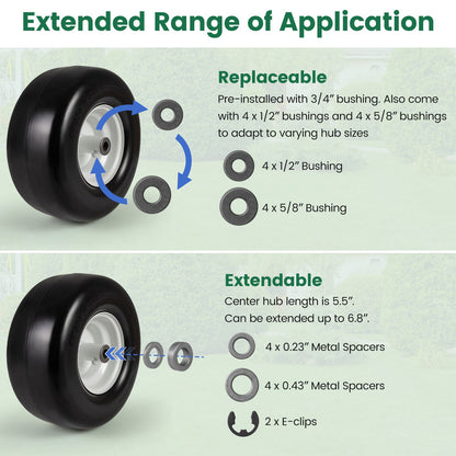 13 x 6.50-6 Flat Free Tires and Wheels 2 Pack Solid Rubber Tires-White
