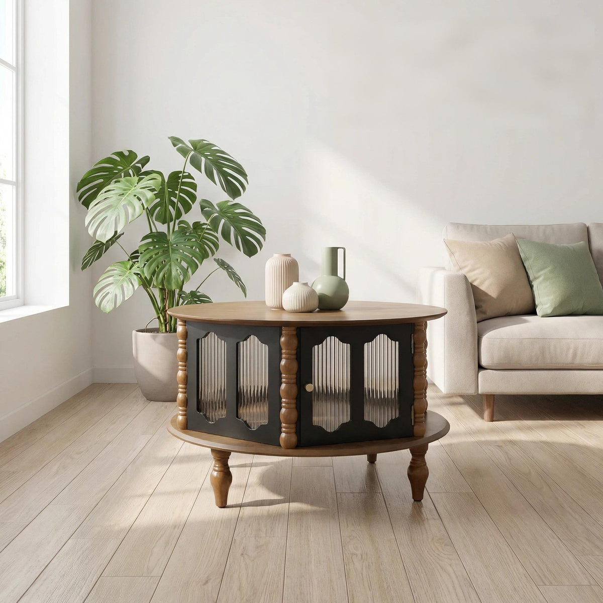 Round storage coffee table in black with fluted glass doors and carved legs HouseOfZazla on Tampa Home & Garden Store