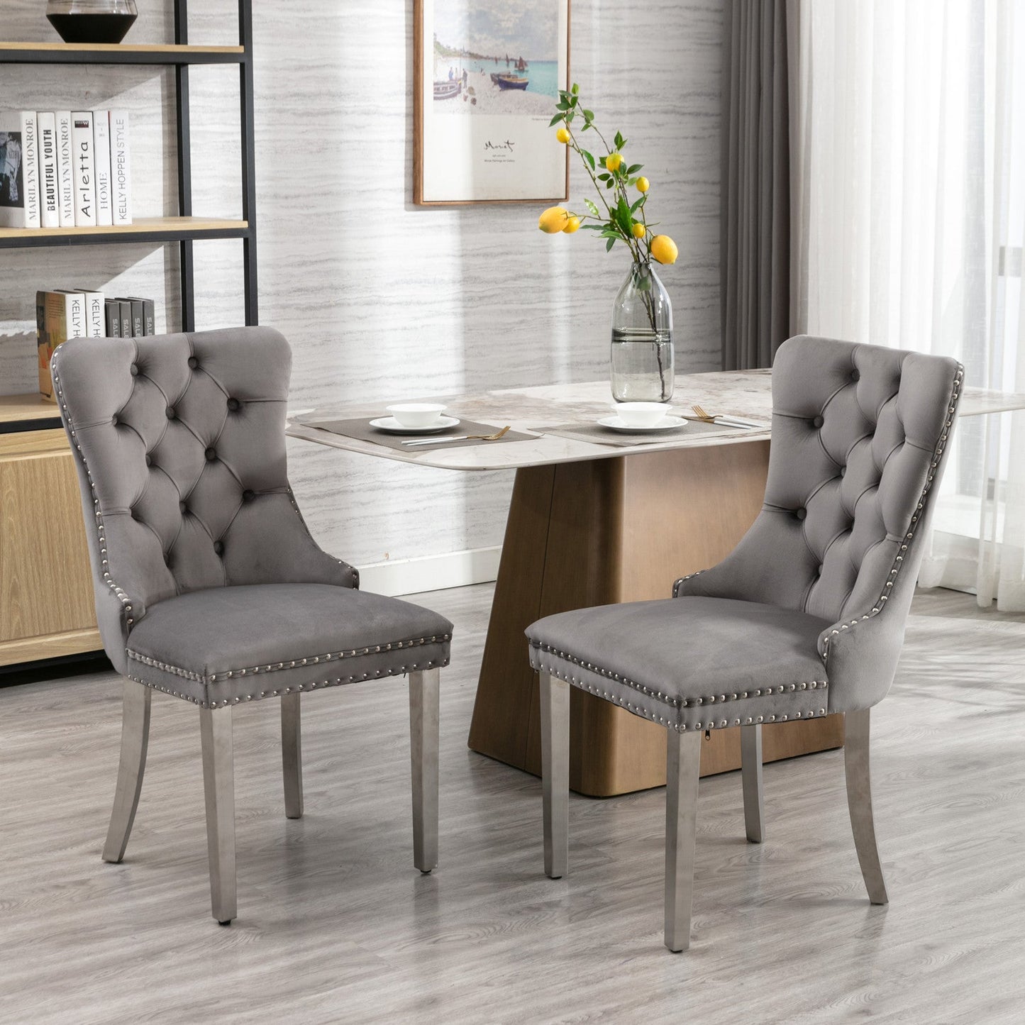 A&A Nikki Collection velvet dining chairs set of 2 gray tufted with nailhead trim by HouseOfZazla on Tampa Home & Garden Store