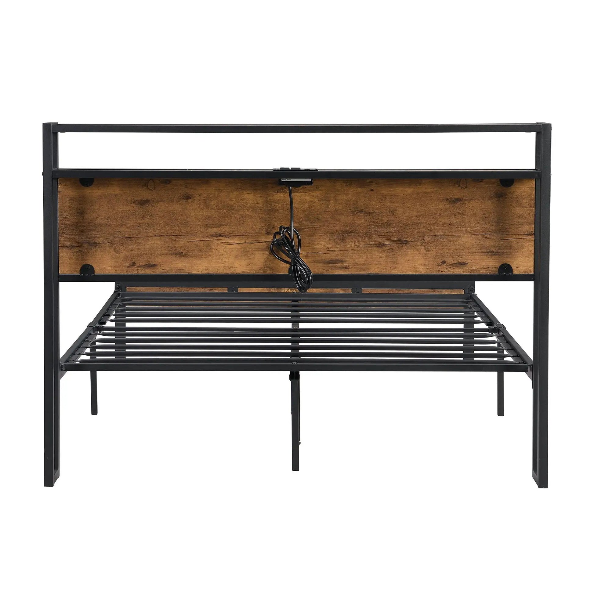 Platform bed frame with wooden headboard and footboard, black metal rails, USB liner on Tampa Home & Garden Store