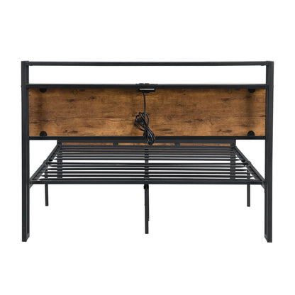 Platform bed frame with wooden headboard and footboard, black metal rails, USB liner on Tampa Home & Garden Store