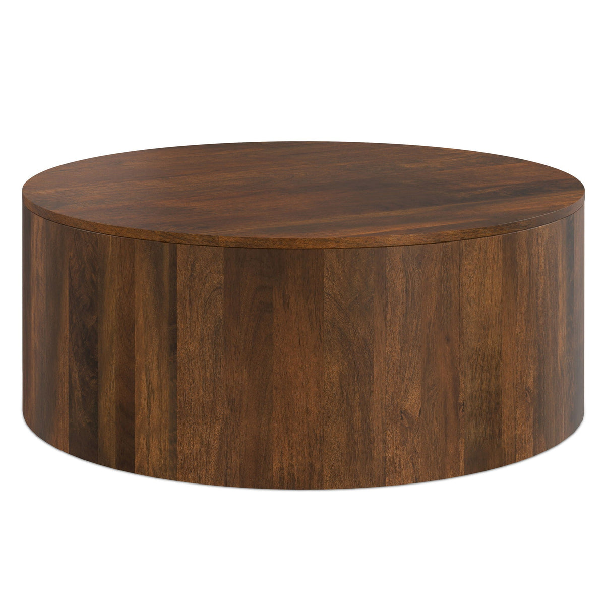 Millbury Drum Coffee Table round top in dark walnut wood finish with drum-style base on Tampa Home & Garden Store