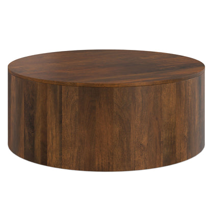 Millbury Drum Coffee Table round top in dark walnut wood finish with drum-style base on Tampa Home & Garden Store