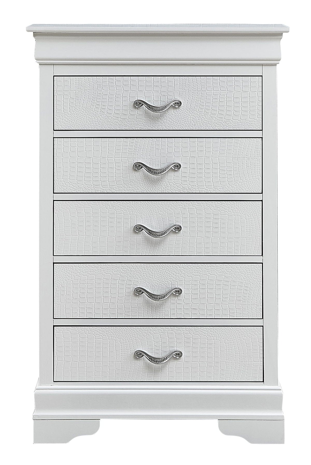 Accent Chest with embossed crocodile texture and silver faux crystal pulls, white finish on Tampa Home & Garden Store