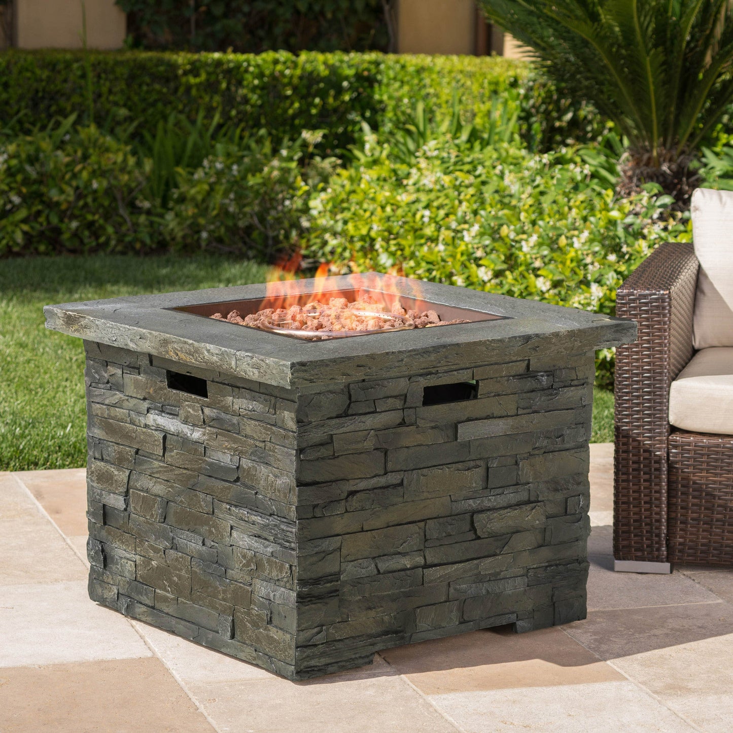 33' square MGO fire pit in dark gray stacked-stone with lava rocks and flames HouseOfZazla on Tampa Home & Garden Store