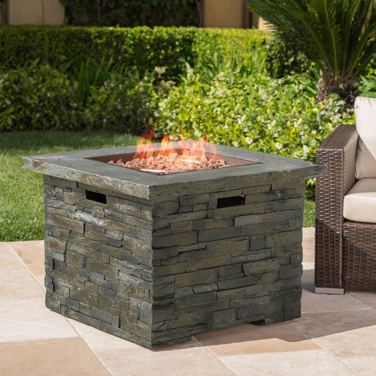 33' square MGO fire pit in dark gray stacked-stone with lava rocks and flames HouseOfZazla on Tampa Home & Garden Store