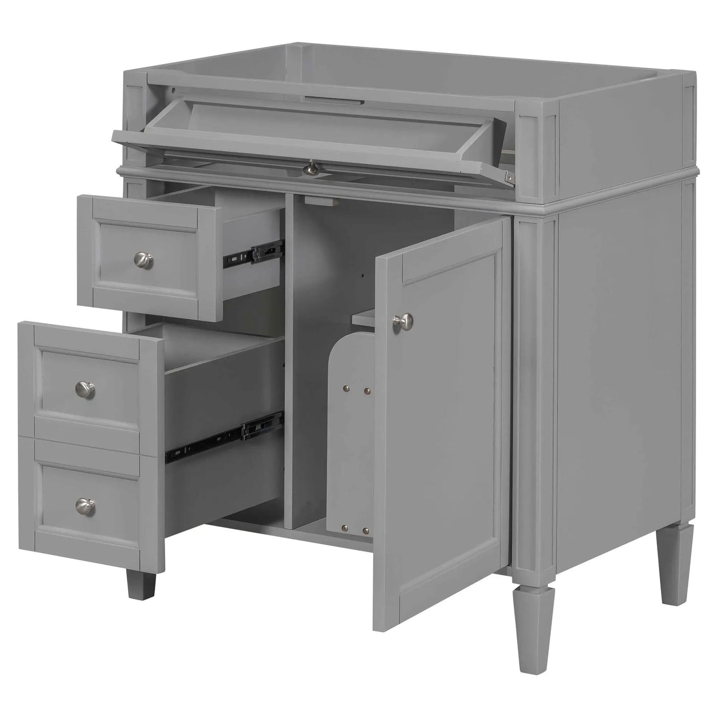 Bathroom vanity base with 2 drawers, tip-out drawer and cabinet doors in gray on Tampa Home & Garden Store