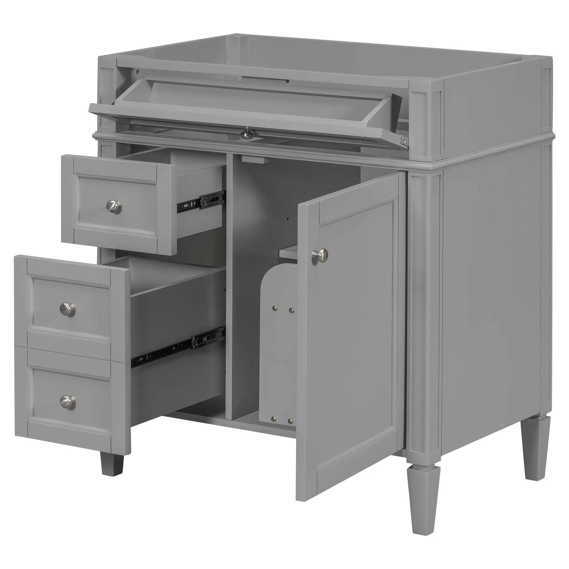 Bathroom vanity base with 2 drawers, tip-out drawer and cabinet doors in gray on Tampa Home & Garden Store