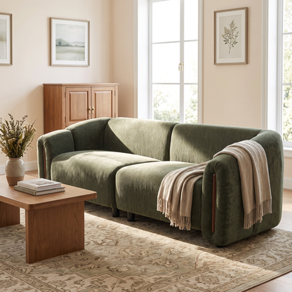 87.4-inch Modern Minimalist Curved Block Sofa by HouseOfZazla in olive upholstery with wood legs on Tampa Home & Garden Store