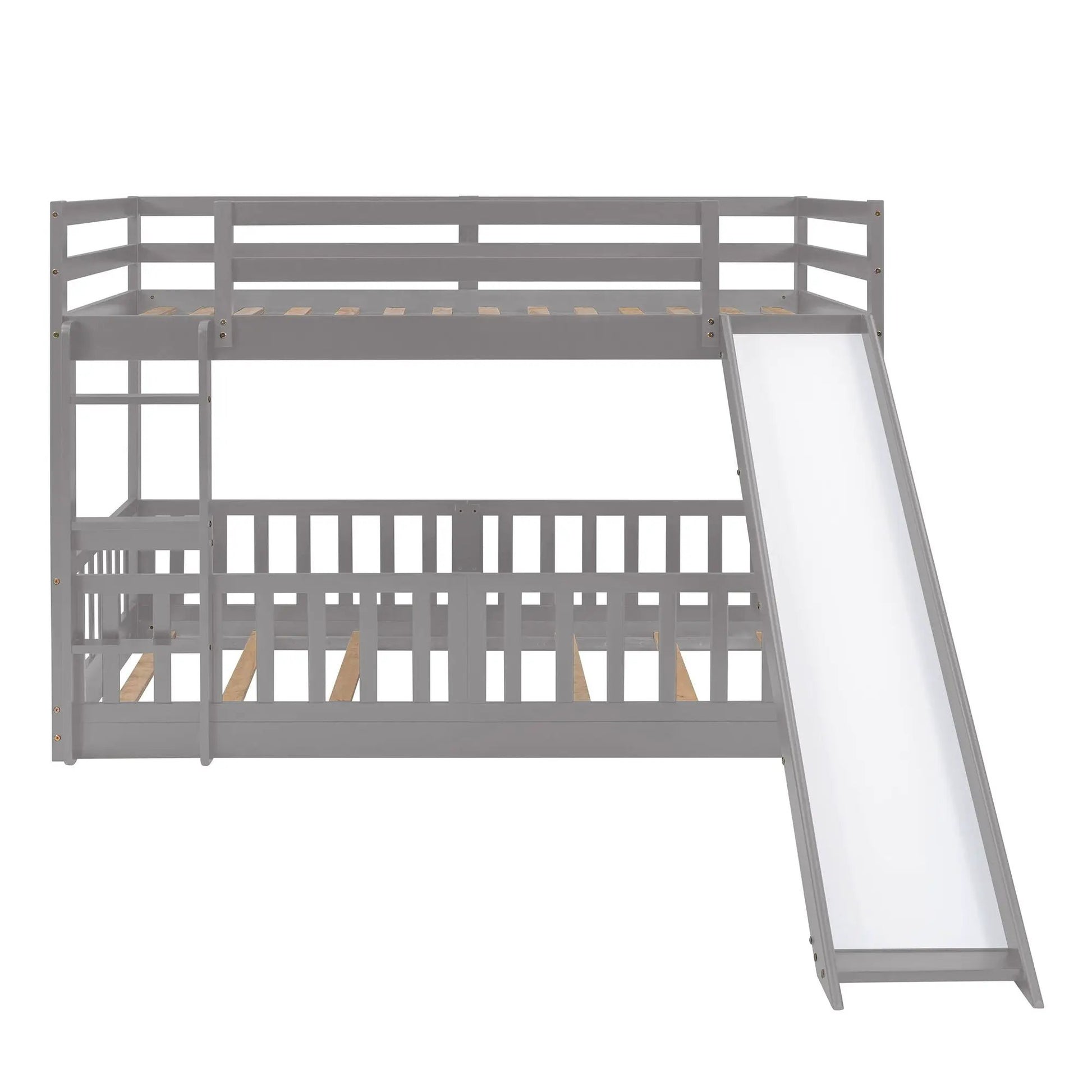 Functional bunk bed with gray finish, built-in ladder and side slide on Tampa Home & Garden Store