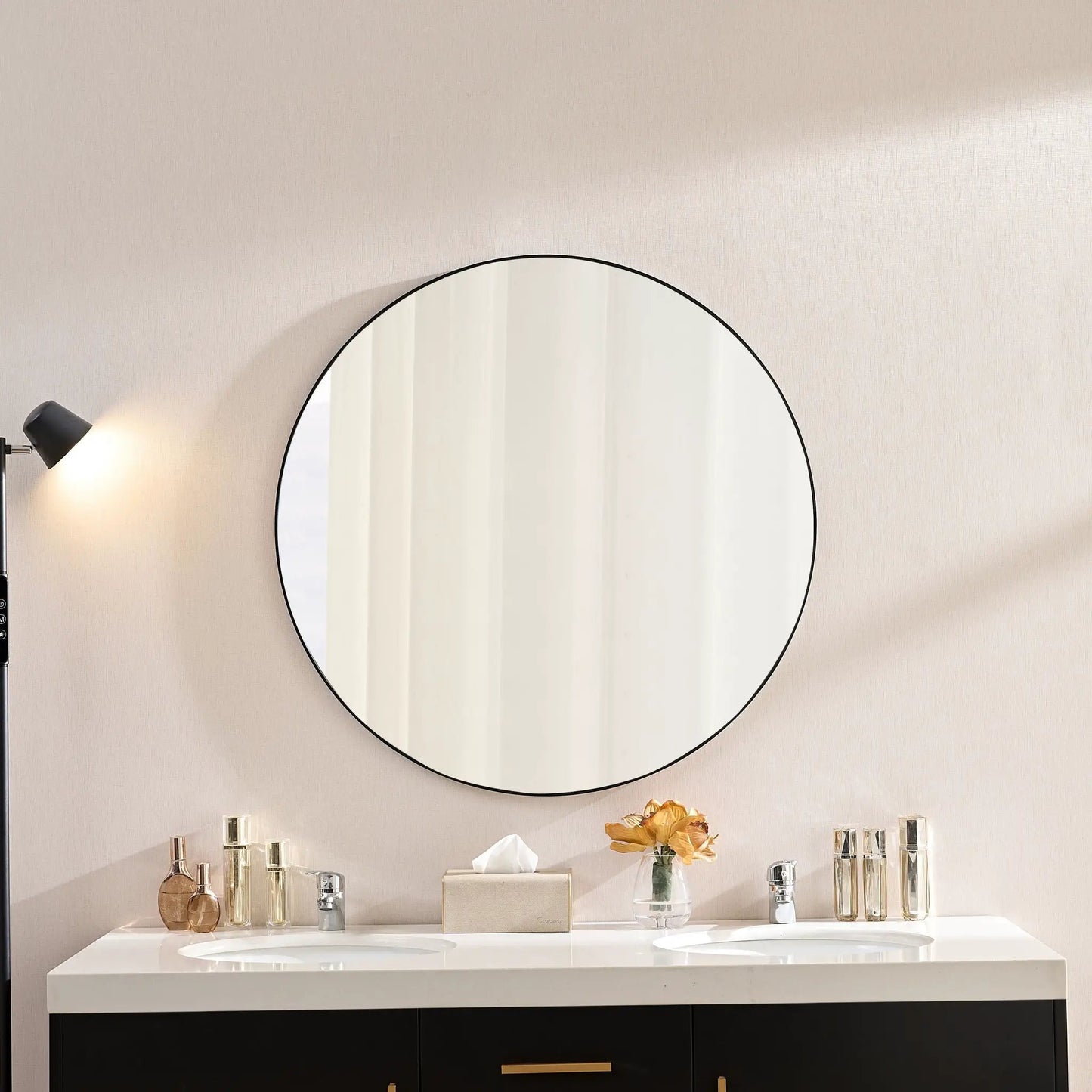 Round Wall Vanity Mirror in Black Metal Frame