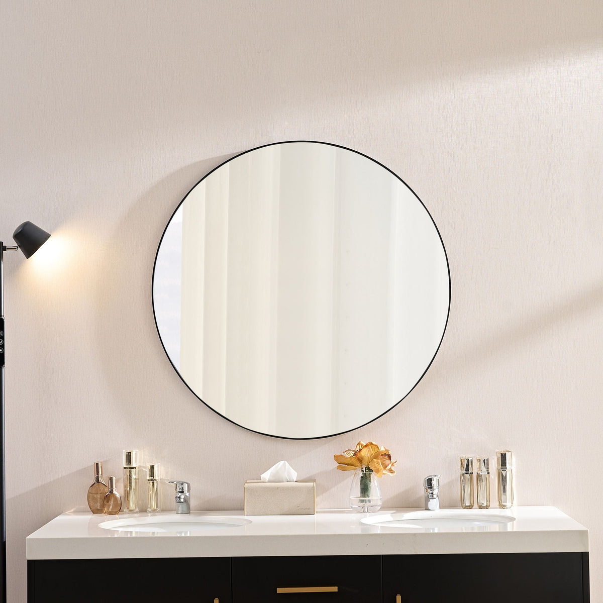 Black circular wall vanity mirror with metal frame 36 inch by HouseOfZazla on Tampa Home & Garden Store