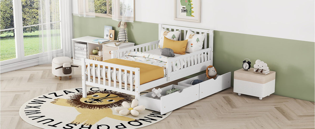 Platform bed with guardrails on both sides and 2 under-bed storage drawers, white wood HouseOfZazla on Tampa Home & Garden Store