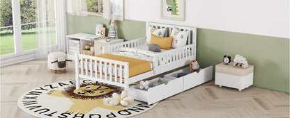 Platform bed with guardrails on both sides and 2 under-bed storage drawers, white wood HouseOfZazla on Tampa Home & Garden Store