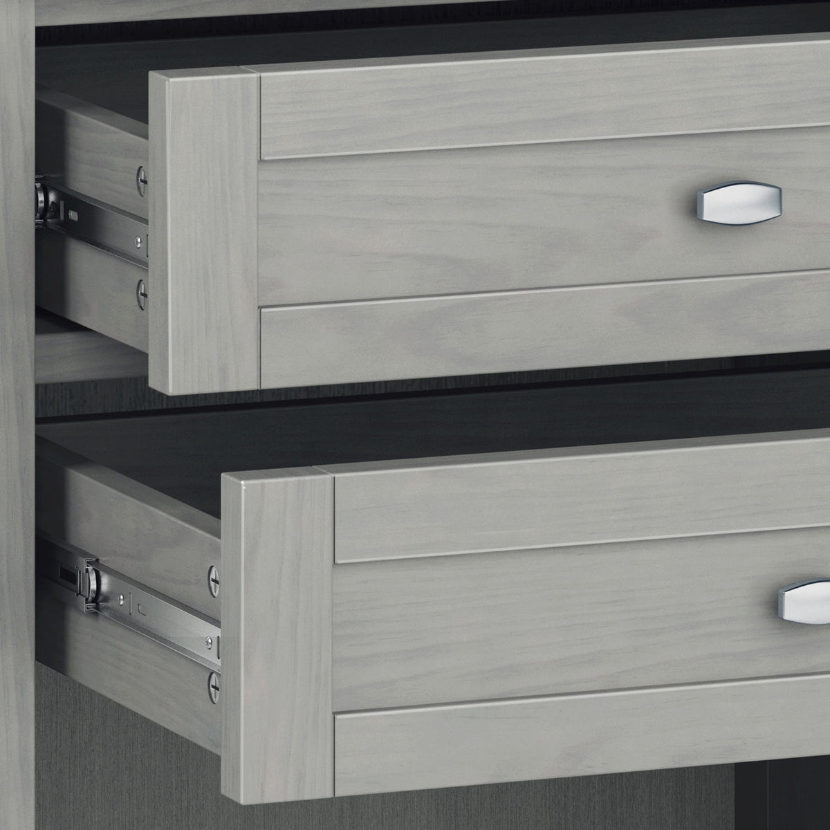 Warm shaker bedside table with two drawers in graywashed finish; metal drawer slides on Tampa Home & Garden Store