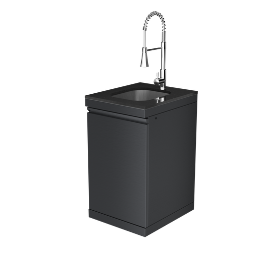 Sink cabinet with stainless steel pull-down faucet on a dark outdoor kitchen island on Tampa Home & Garden Store