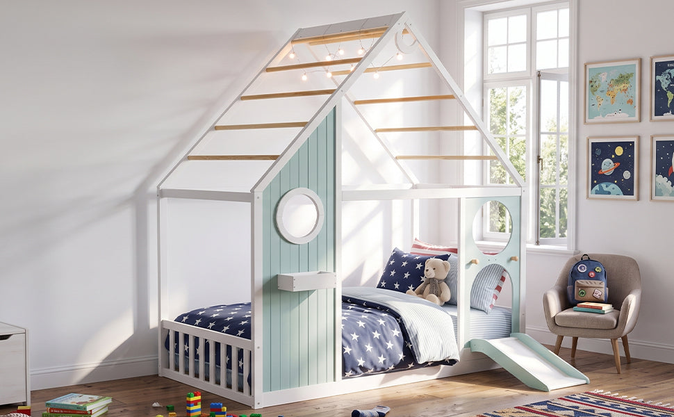Twin House Bed with Slide, pastel mint frame, ball light strip, HouseOfZazla on Tampa Home & Garden Store