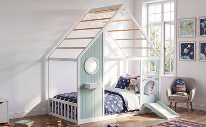 Twin House Bed with Slide, pastel mint frame, ball light strip, HouseOfZazla on Tampa Home & Garden Store