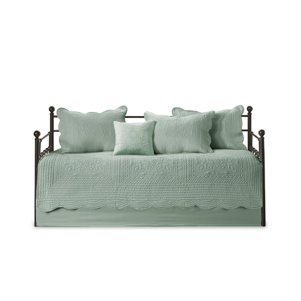 6 Piece Reversible Scalloped Daybed Cover Set Seafoam with quilted pillows on metal daybed on Tampa Home & Garden Store