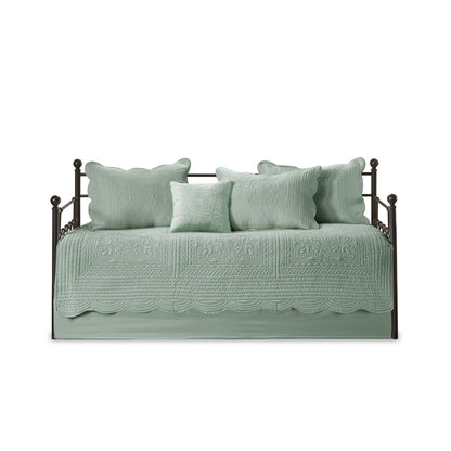 6 Piece Reversible Scalloped Daybed Cover Set Seafoam with quilted pillows on metal daybed on Tampa Home & Garden Store