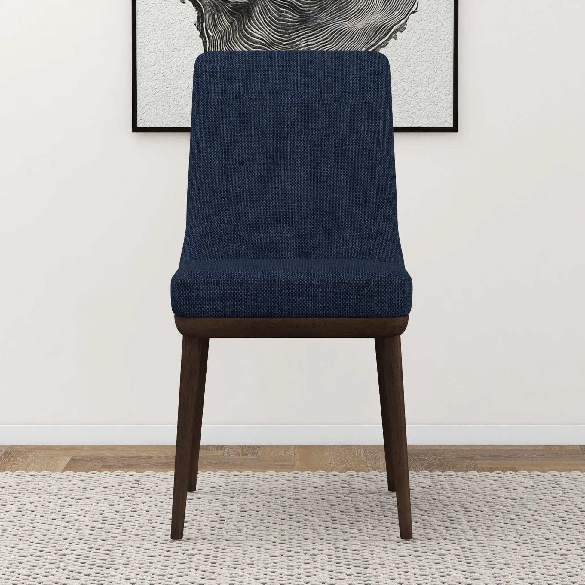 Kate - Mid-Century Modern Dining Chair, blue textured fabric, dark wood legs on Tampa Home & Garden Store