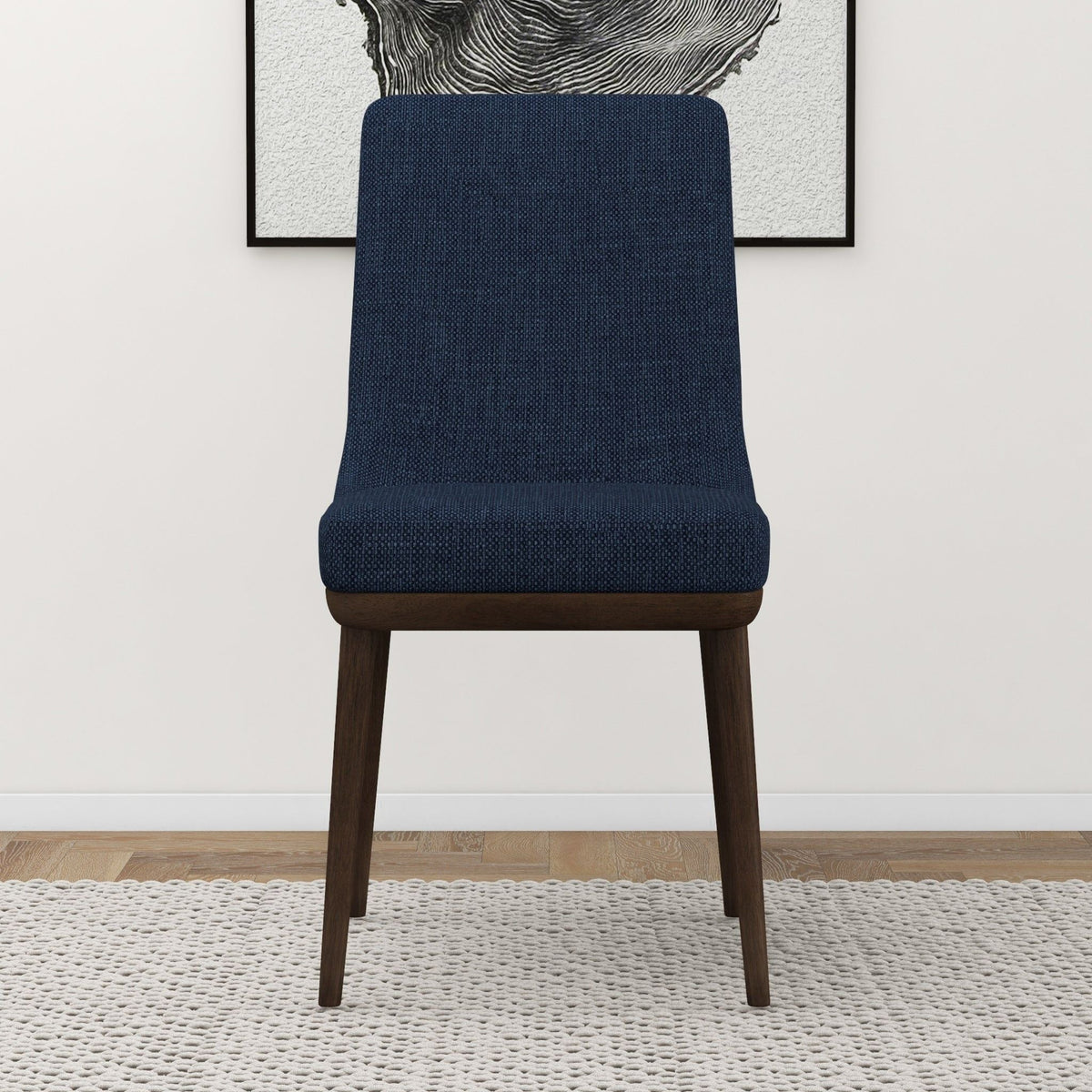 Mid-Century Modern dining chair with blue textured fabric, solid wood frame and dark wood legs on Tampa Home & Garden Store