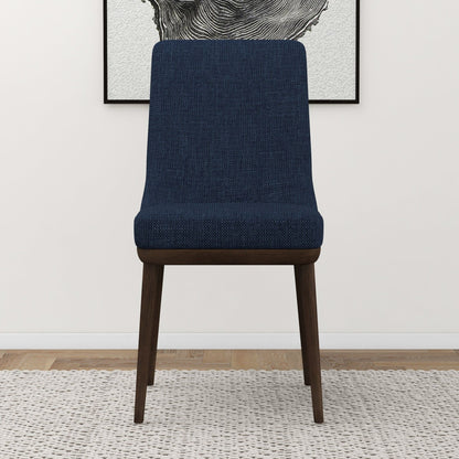 Mid-Century Modern dining chair with blue textured fabric, solid wood frame and dark wood legs on Tampa Home & Garden Store