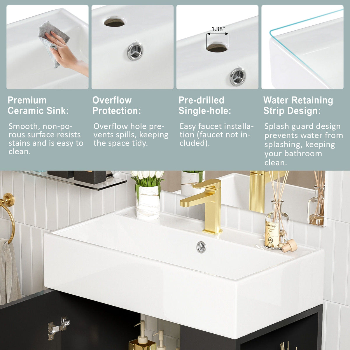 Bathroom vanity with single ceramic sink, white cabinet, side storage, gold faucet HouseOfZazla on Tampa Home & Garden Store