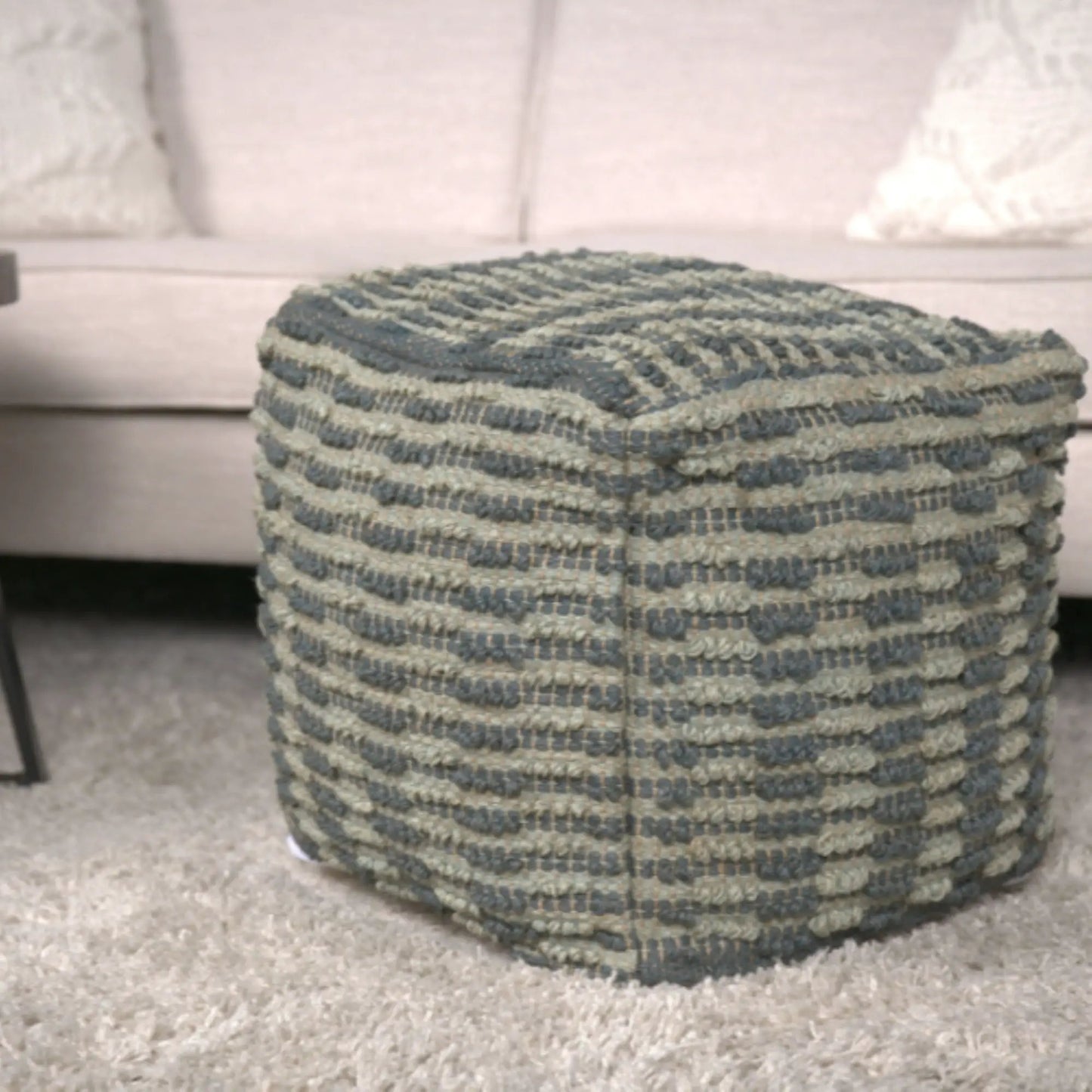 Walle woven teal blue fabric pouf ottoman, textured accent cushion by Unique Piece Furniture on Tampa Home & Garden Store