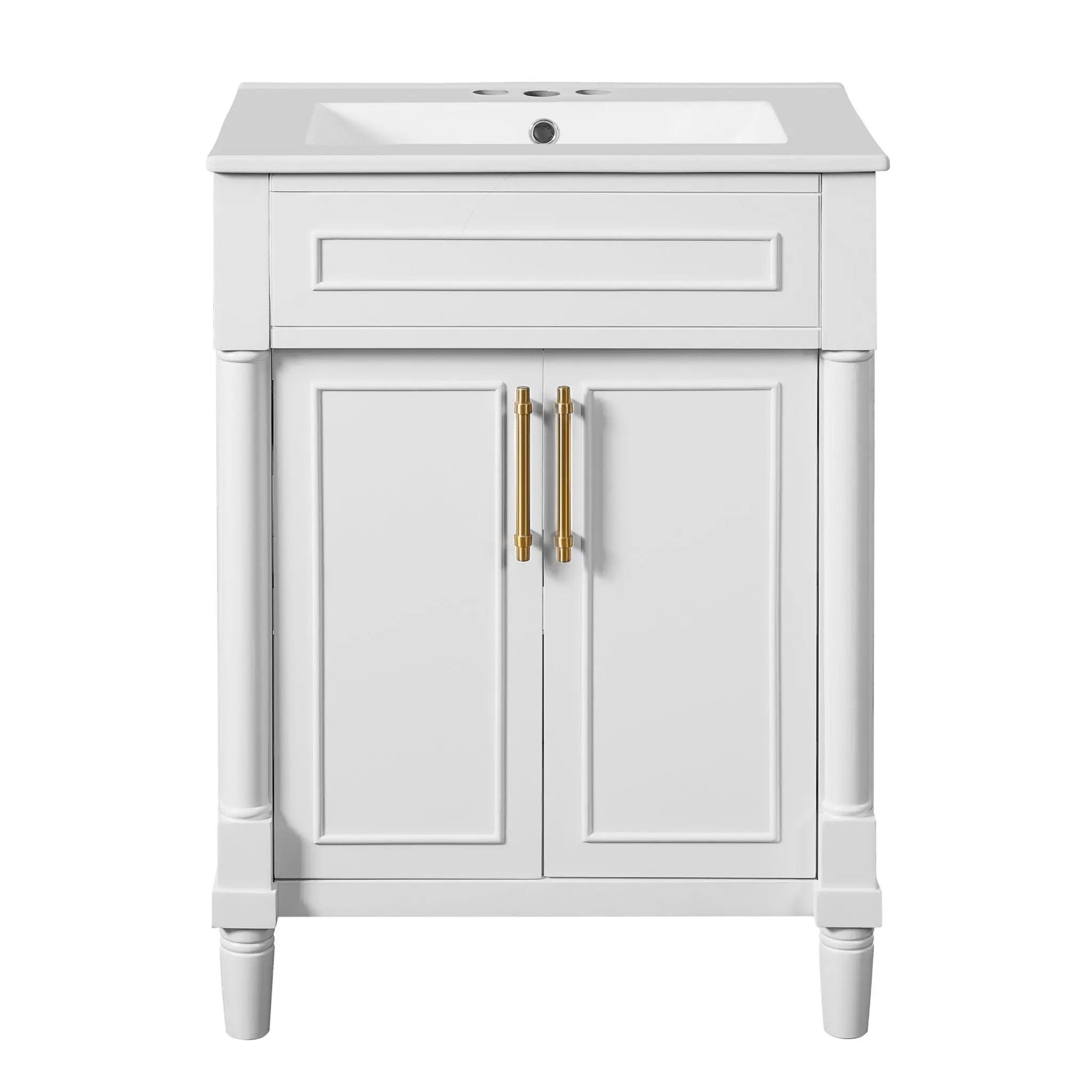 Bathroom vanity with integrated white sink, 2-door cabinet, white finish, brass hardware on Tampa Home & Garden Store