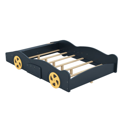 Race car shaped platform bed with wheels and storage, dark navy frame, wood slats, HouseOfZazla on Tampa Home & Garden Store