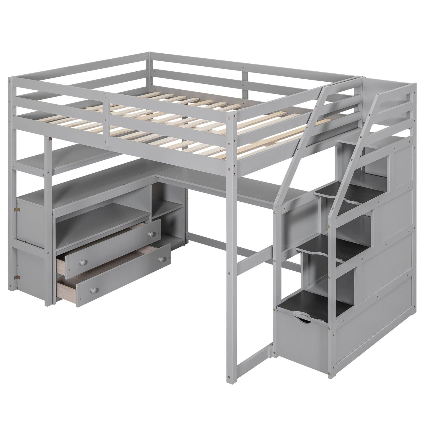 Gray wooden loft bed with desk, shelves, two drawers and storage staircase by HouseOfZazla on Tampa Home & Garden Store