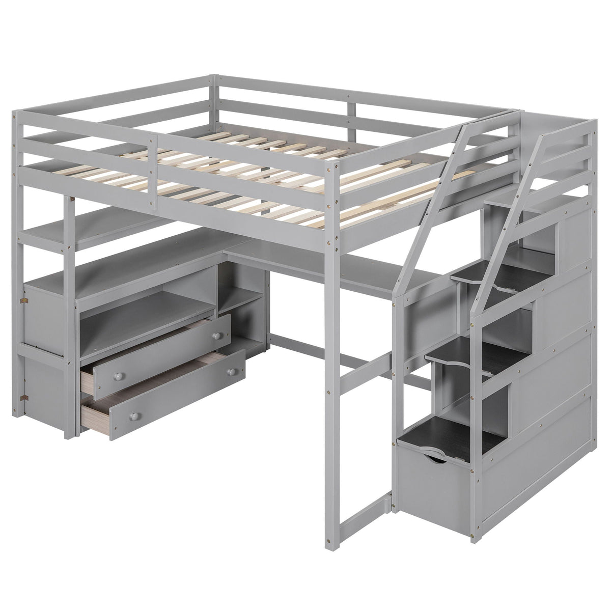 Gray wooden loft bed with desk, shelves, two drawers and storage staircase by HouseOfZazla on Tampa Home & Garden Store
